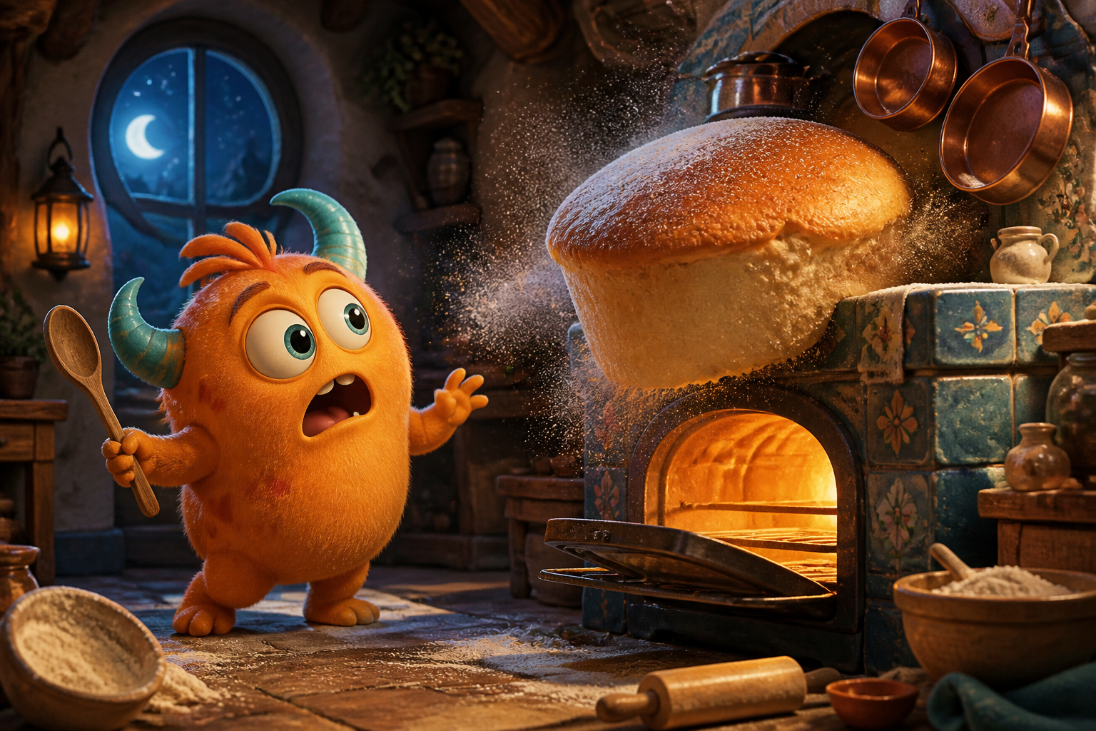 A friendly orange monster in a warmly lit bakery